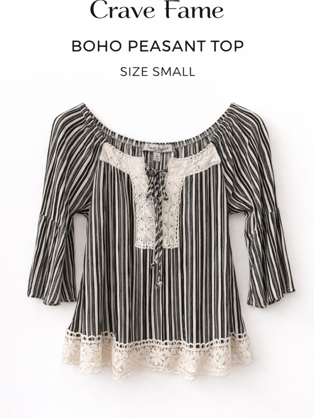 🖤 Crave Fane Boho Peasant Top Size Small Lace Trim Striped Off Shoulder